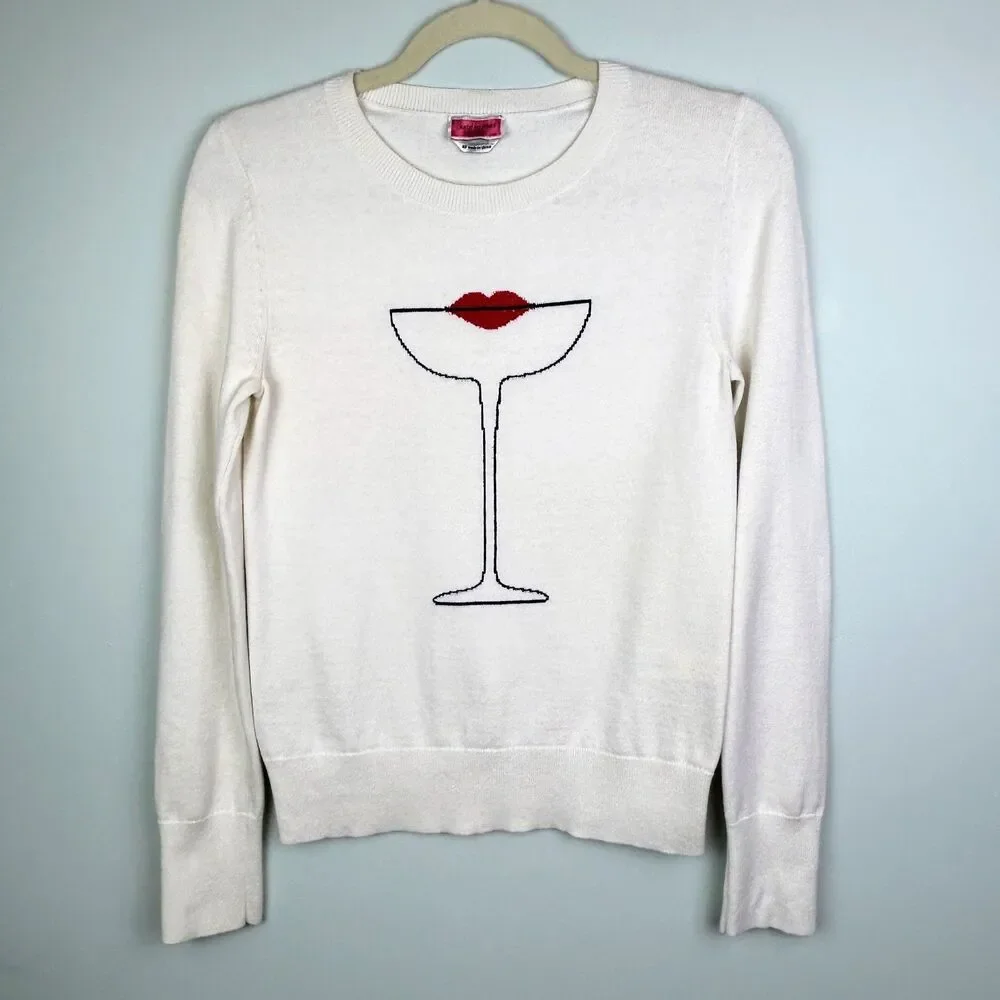 Kate Spade Cocktail Kiss Sweater Cream Cotton Silk Knit Crewneck Pullover XS